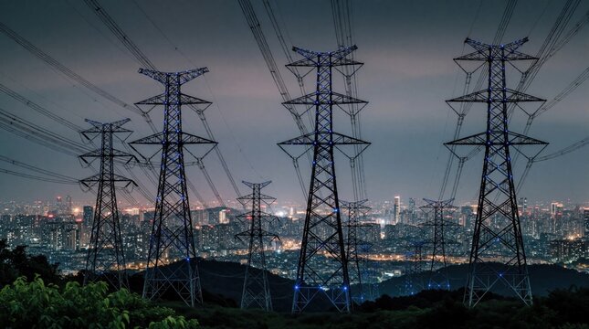 High voltage pylons stand tall over city lights at night. Power lines stretch across dark sky connecting urban infrastructure. Energy transmission towers form dramatic silhouette on horizon,