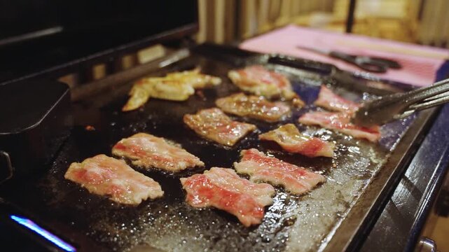 Meat Sizzling on Grill, Kalbi Meat Strips Cooking