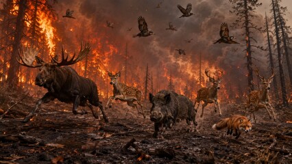 Fototapeta premium Wild Animals Fleeing a Raging Forest Fire