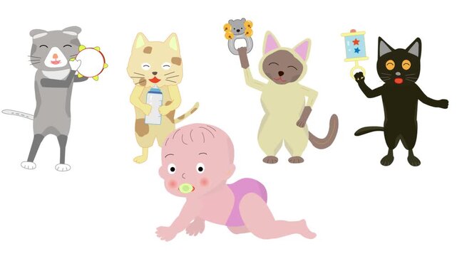 赤ちゃんの成長を応援している猫たち。