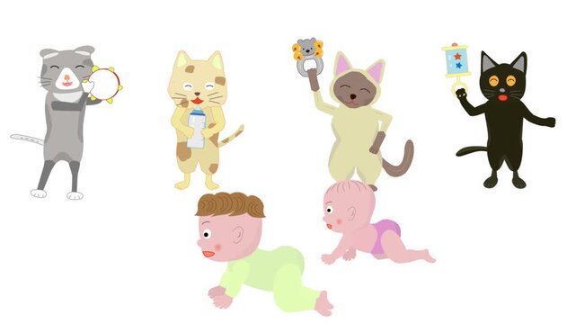 赤ちゃんの成長を応援している猫たち。