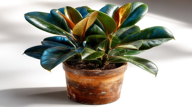 Small rubber tree plant in a rustic terracotta pot placed on white surface