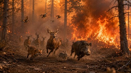 Fototapeta premium Wild Animals Fleeing a Raging Forest Fire