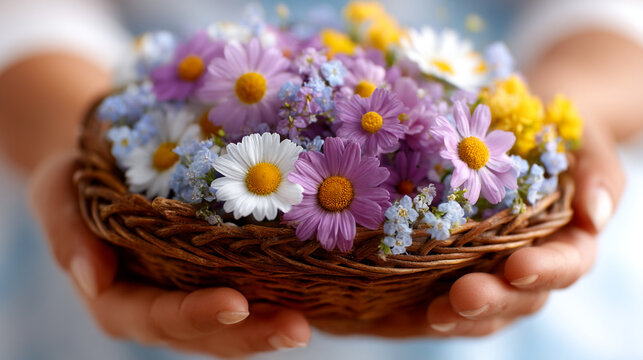 Close up of human hands holding a small woven basket filled with colorful fresh flowers