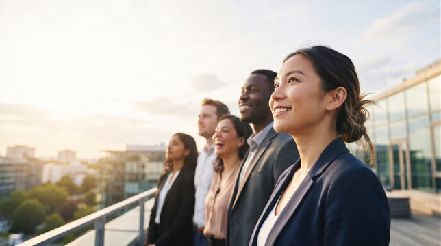 Diverse group of professional colleagues standing on a rooftop terrace looking at the horizon during sunset in a modern city
