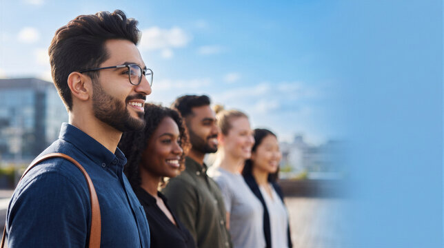 Diverse group of young professionals standing in a row, looking ahead with optimism and confidence against a city skyline background