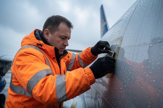 Aircraft mechanic in bright orange jacket inspects plane surface in heavy rain. Worker checks fuselage panel with tool, gloves on. Aviation ground crew performs maintenance task outside.