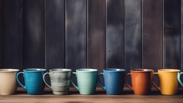 Ceramic cub and mug arrange on wood desk with wooden background with copy space. Coffee mugs arranged on wooden table, side view.