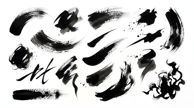 Collection of various black ink brush strokes and artistic paint splashes for graphic design elements with splatter watercolor abstract artistic isolated calligraphy collection
