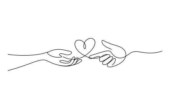 Continuous single line drawing of two hands holding a heart shape