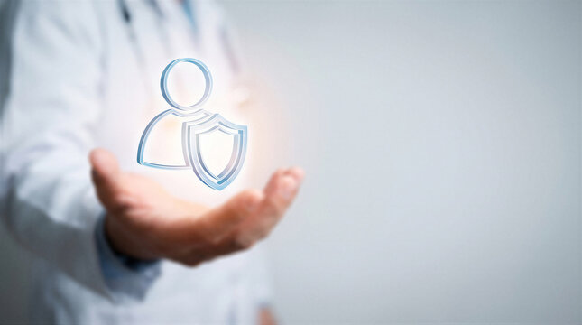 Doctor holding a digital icon of a person with a shield, representing patient privacy, data protection, and healthcare security