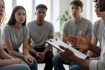 Obraz premium Diverse group of young people sit in circle during office meeting training class. Colleagues listen to pro leader holding clipboard with paper. Students participate in startup brainstorming session