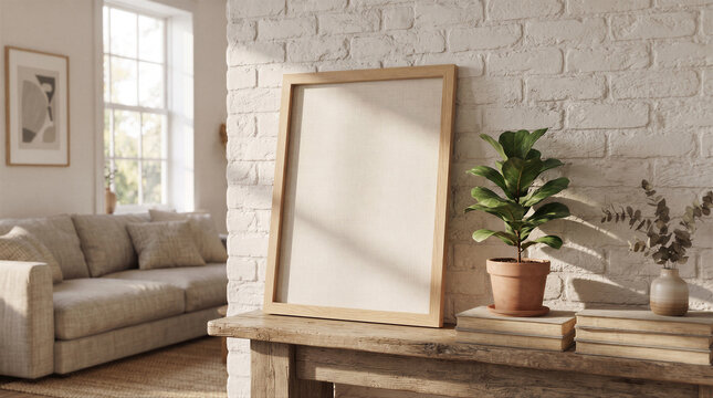 Empty wooden picture frame mockup leaning against a white brick wall with a potted plant and books on a rustic wooden console table