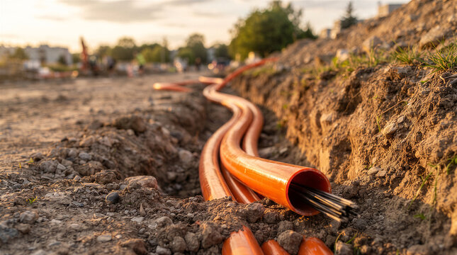 Orange fiber optic conduits laid in a trench at a construction site during sunset