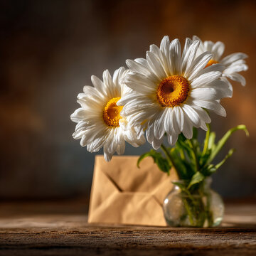 Fresh white daisies in a glass vase next to a closed brown paper envelope on wood