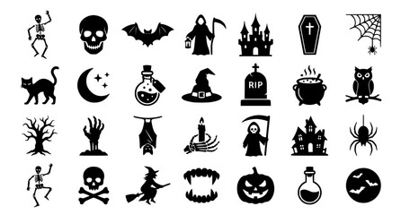 Fototapeta premium Modern Halloween Silhouette Collection with Gothic Skulls Bats and Grim Reaper Illustrations