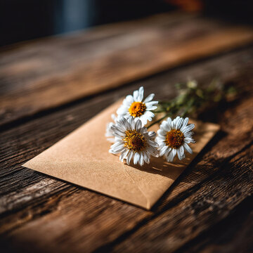 Small bouquet of white daisies on a brown paper envelope placed on a rustic wooden
