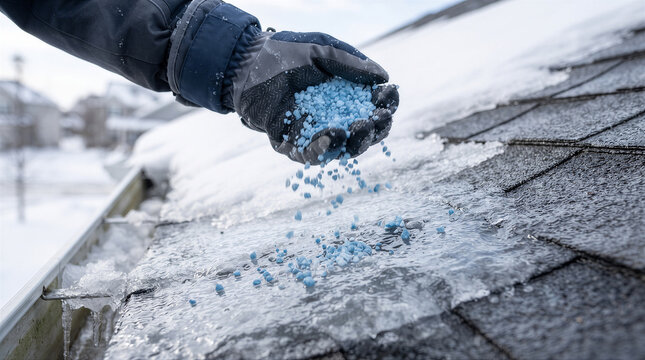 Person wearing a winter glove applying blue ice melt pellets to a frozen roof to prevent ice dam formation during winter
