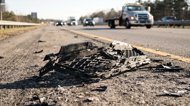 Car accident debris on the side of a highway with a tow truck in the background