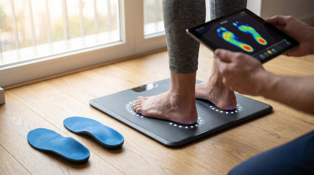 Professional podiatrist analyzing patient foot pressure and gait on a digital sensor plate with tablet for custom orthotics