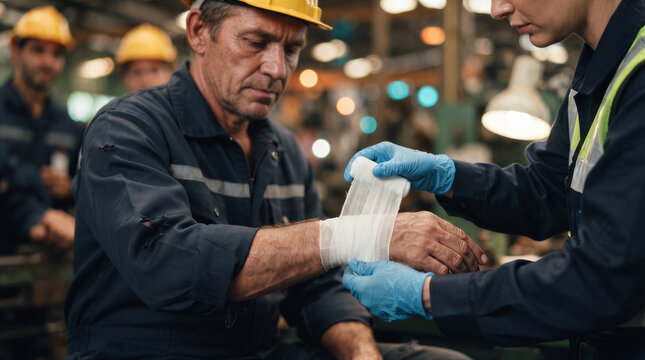 Industrial worker receiving first aid treatment for a wrist injury from a colleague in a factory setting with safety gear and bandages