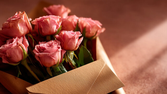 Bouquet of pink roses next to a brown craft paper envelope on a soft surface