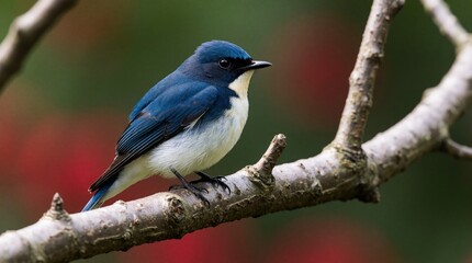 Fototapeta premium Male blue, white flycatcher bird rests on wooden tree branch. Small songbird with colorful feathers perches in natural forest environment. Wild avian creature portrait sits outdoors during spring