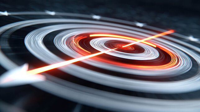 A dynamic digital illustration representing a target or goal with a glowing arrow pointing directly at its center, symbolizing focus and precision