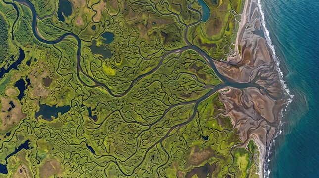 Intricate network of braided river channels in lush green marshland flowing into the Pacific Ocean, geologically significant coastal ecosystem