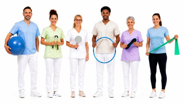 Multidisciplinary Rehabilitation Team Holding Therapy Equipment on White Background