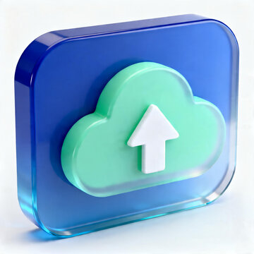 3D rendered icon for a cloud storage service, isometric left viewpoint, semi-transparent frosted glass material, deep blue primary color, icon for upload process