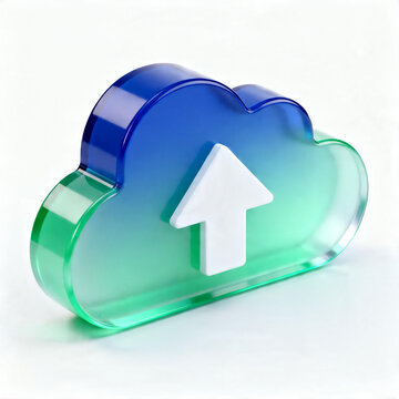 3D rendered icon for a cloud storage service, isometric left viewpoint, semi-transparent frosted glass material, deep blue primary color, upload icon
