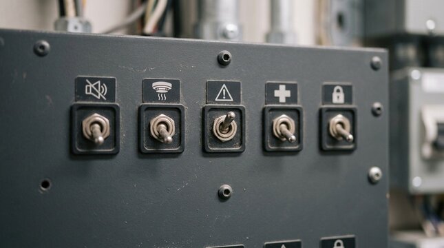 Alarm Silence Panel Close-up Showing a Row of Labeled Toggle Switches - Hospital Patient Safety Alarm Equipment