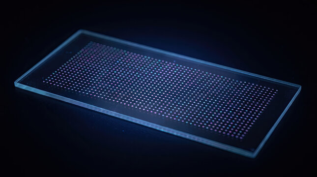 Transparent glass microarray slide with glowing dot matrix with perspective