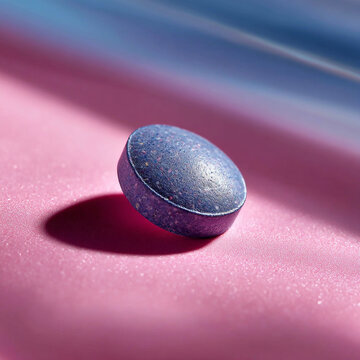 Single round purple pill resting on a soft pink surface with blue highlights, medicine