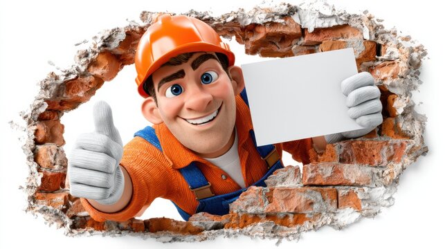 Cartoon Builder With Card in Broken Wall for Ads