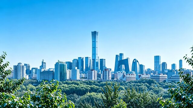 Beijing CBD skyline with China Zun and CCTV Headquarters under blue sky
