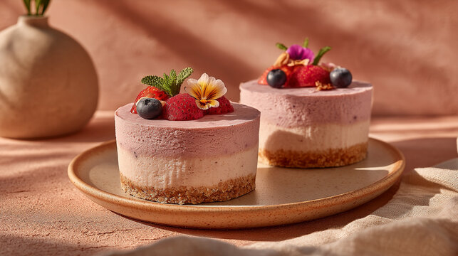 Two individual berry mousse cheesecakes with fresh blueberries and raspberries on plate