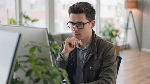 Computer, solution and web development with happy man software engineer in office for coding or programming. PC, reading and typing with smile of mature employee in workplace for design