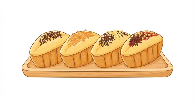Delicious Traditional Indonesian Pukis Cake Vector Illustration with Various Toppings on a Wooden Tray
