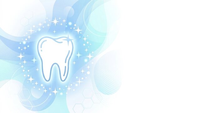 White Tooth Icon with Sparkles on Blue Watercolor Background.