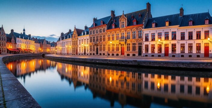 Mechelen city night scene features traditional Flemish houses along calm canal waters. Golden building lights create bright reflections on river surface during twilight hour. Old european