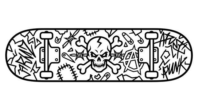 Punk Skateboard Design with Skull, Barbed Wire, and Anarchy Symbol