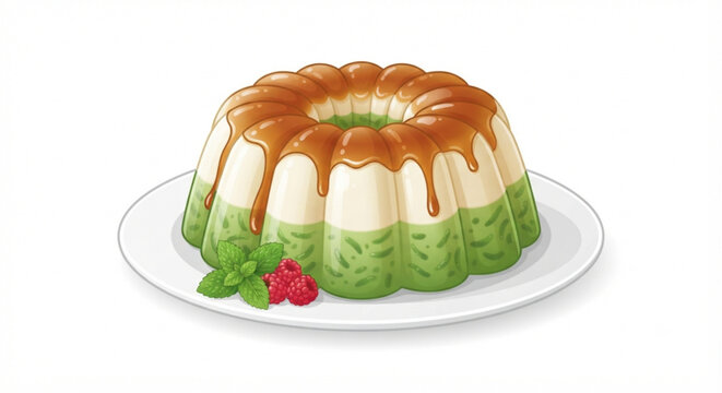 Delicious Layered Green Pandan Pudding with Caramel Drizzle and Raspberries on a Plate