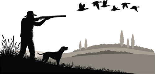 Hunter with dog shooting flying ducks, wildlife hunting silhouette vector illustration isolated on white background landscape scene © MASUMA