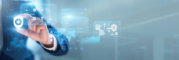 Obraz premium Fintech lead hand-holds Insurtech solutions across network portals to simplify claims. Digital insurance platforms provide users with instant quotes and efficient policy management.