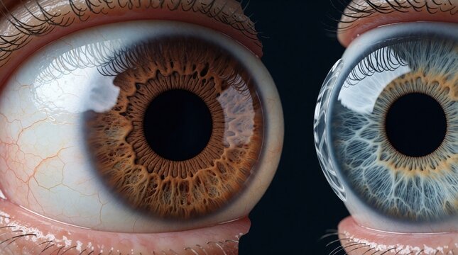 Medical comparison of cloudy cataract eye lens versus clear healthy vision after surgery. Detailed close up diagram showing biological eye anatomy iris pupil retina, cornea restoration. Science