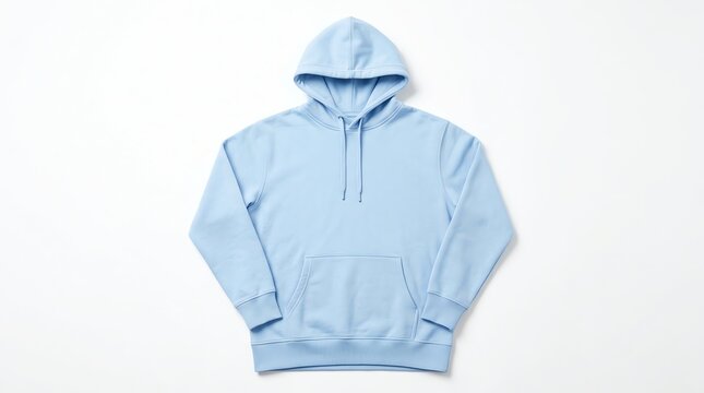 Light blue cotton pullover hoodie sweatshirt with pocket and hood drawstring on white background fashion mockup