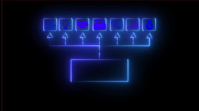 Diagram featuring seven glowing blue squares connected by lines to a central rectangular base that rests at the bottom of the frame, creating a structural visualization for data flow and system logic.