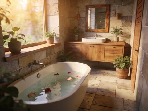 Modern luxury bathroom with wooden furniture and a freestanding soaking bathtub with flowers